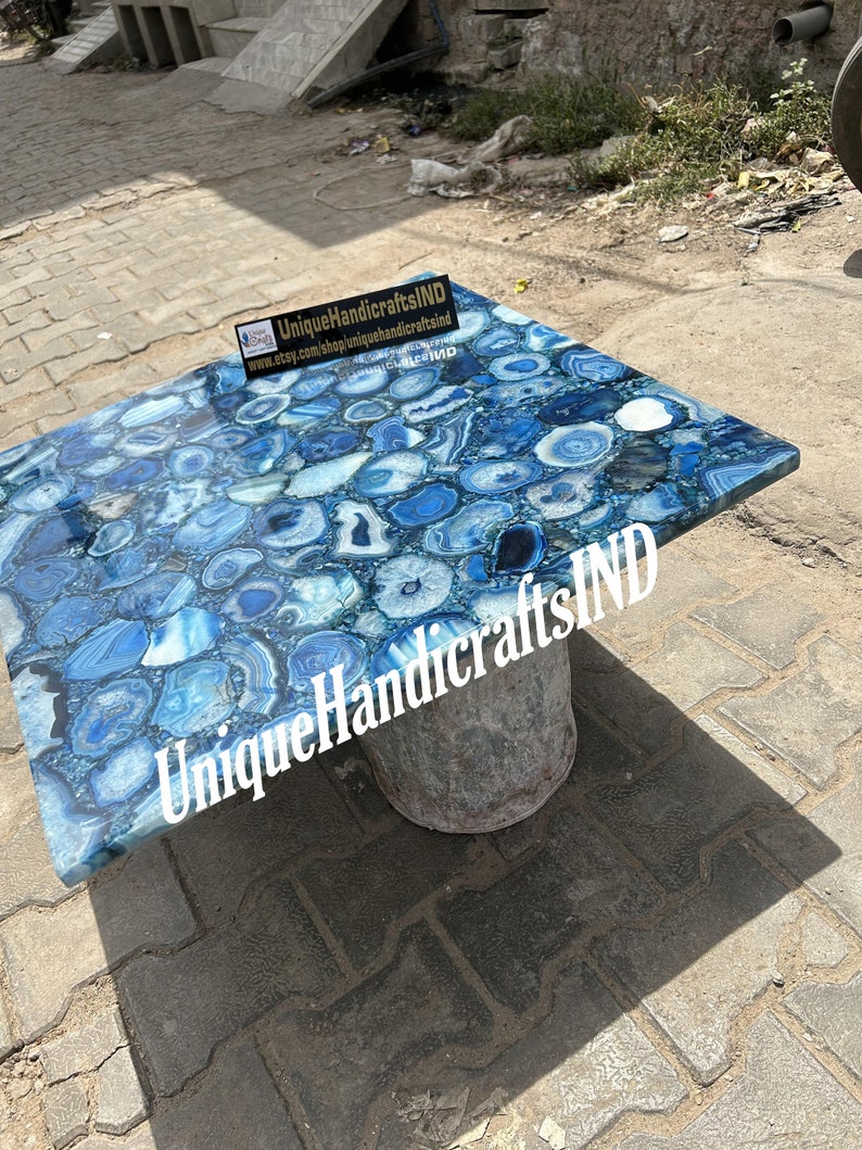 Buy Luxury Blue Agate Coffee Table In Square Shape You Can Use As a Garden Table, Office Table, Centre Table, Patio Table Mid Century Arts