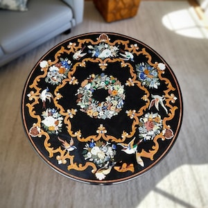 Black Marble Inlay Table Top: Handmade Stone Art - Unique Decor