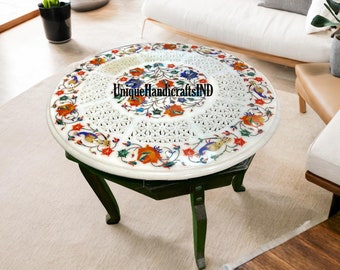 Marble Coffee Table With Lapis Semi Precious Floral Peacock Arts for Home Decoration / Handmade Inlay Art Table Top