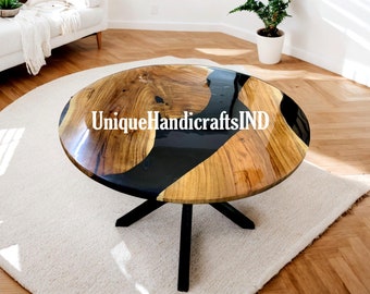 Round Table With Black Epoxy Resin Arts Handmade Beach House Decor Furniture Gift For Him / Her