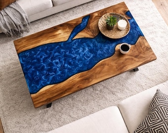 Handmade Blue Epoxy Resin River Table: Natural Wood Dining Table Top
