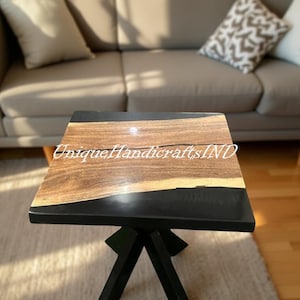 Walnut Epoxy Square Table – Black Resin Coffee, Side, or Center Table