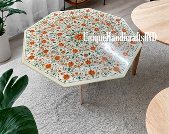 Mesa de centro de mármol hecha a mano con incrustaciones de cornalina y malaquita, estilo moderno de mediados de siglo.