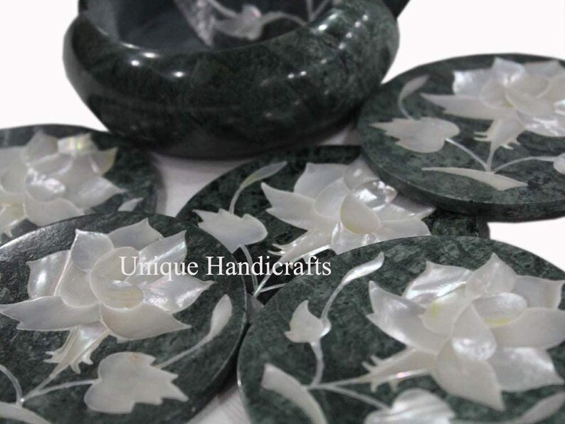 Handmade Green Marble Coasters With Holder Delicate Inlay Etsy