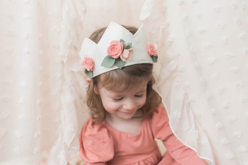 Felt Flower Birthday and Play Crown, Elegant Neutral Prop, Birthday Felt Crown Customizable image 1