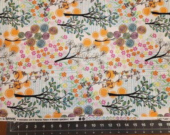 Spring Trees and Flowers Fabric.  Colorful Spring Trees and Flowers on White Background. 4 yards. "Let's Tweet" by Greta Lynn for Kanvas