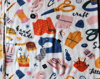 Crafting/Sewing Themed Fleece Fabric: sewing notions/machines, pins, thread, thimbles, needles, hands. Anti-Pill Plush Fleece (1.4 yards)