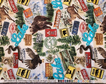 Camping Themed Fabric: Camping Logos, Animals, and Symbols on White Background. 100% Cotton. Made for Hobby Lobby.