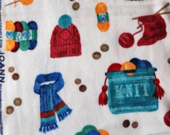 Knitting Themed Fleece Fabric: Scarves, Yarn, Basket, Knitting Needles Motifs. Anti-Pill Plush Fleece made for JoAnn's Fabrics. (1.4 yards)