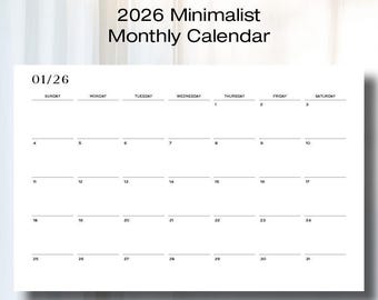 Calendário Imprimível 2026 | Mensal Minimalista | Páginas de Planejamento Simples e Limpas | Download Instantâneo | 11x17