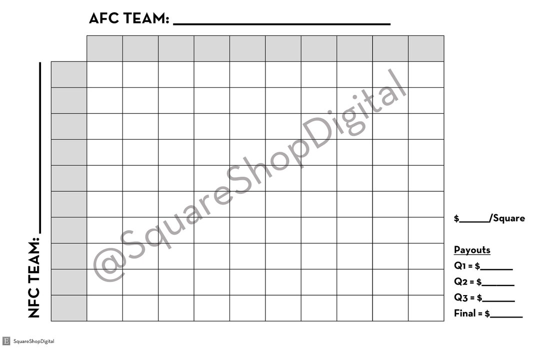 Printable Super Bowl Squares Game With Payouts Instant Download Etsy
