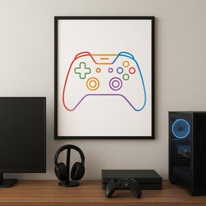 Colorful Video Game Controller Line Art Print: Modern Gamer Room Decor (Digital Download)
