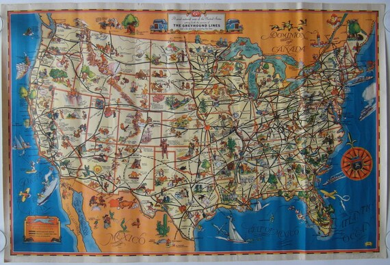 Greyhound Bus Routes Map Originele 1935 Greyhound Bus Lines Pictorial Map | Etsy België