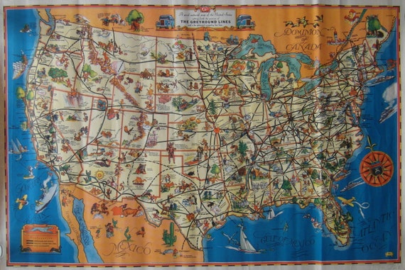 Greyhound Route Map 2020 Original 1935 Greyhound Bus Lines Pictorial Map Etsy