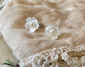 White Mother of Pearl Sakura Earrings - Sterling Silver Stud Earrings - Wedding Earrings - Flower Girl Earrings - Flower Blossom Earrings