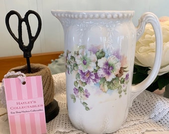 Victorian China Tall Pitcher Jug - Embossed Antique Jug - Beautiful Pansy Flower Transfer - Tall Jug in Purple Florals