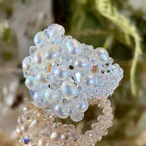 Hand Made Pearl and Swarovski Crystal Cocktail Ring - Art Deco Style -Stunning Piece of Work - Pearl and Crystal Ring