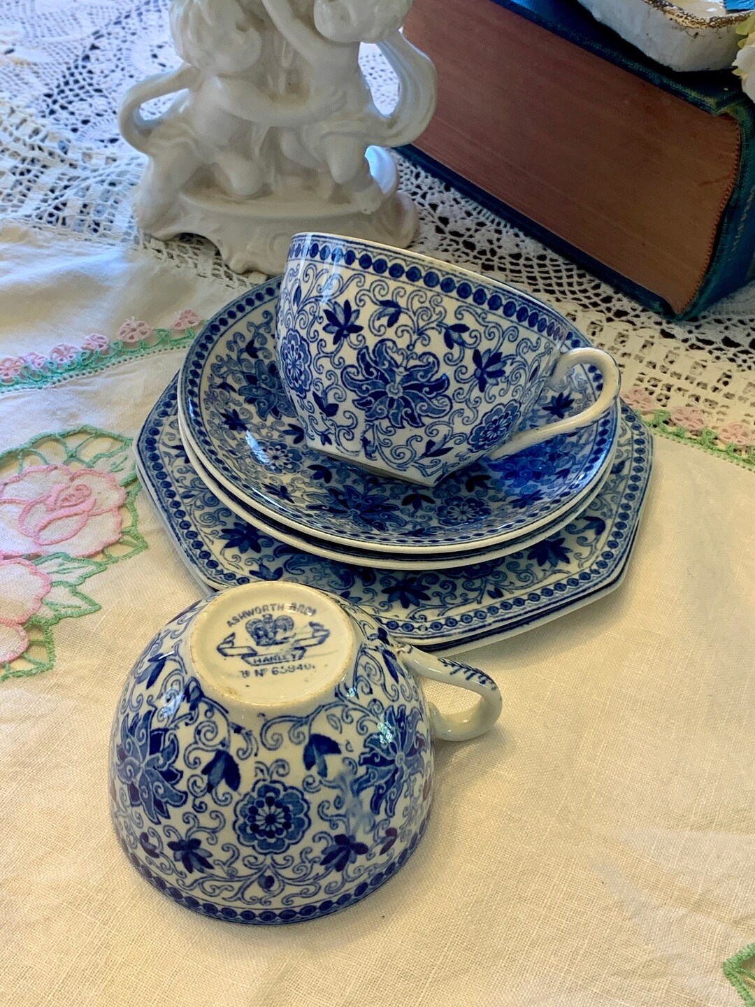 Antique Blue & White Cup Saucer Plate Sets 2 Trios of Old Etsy