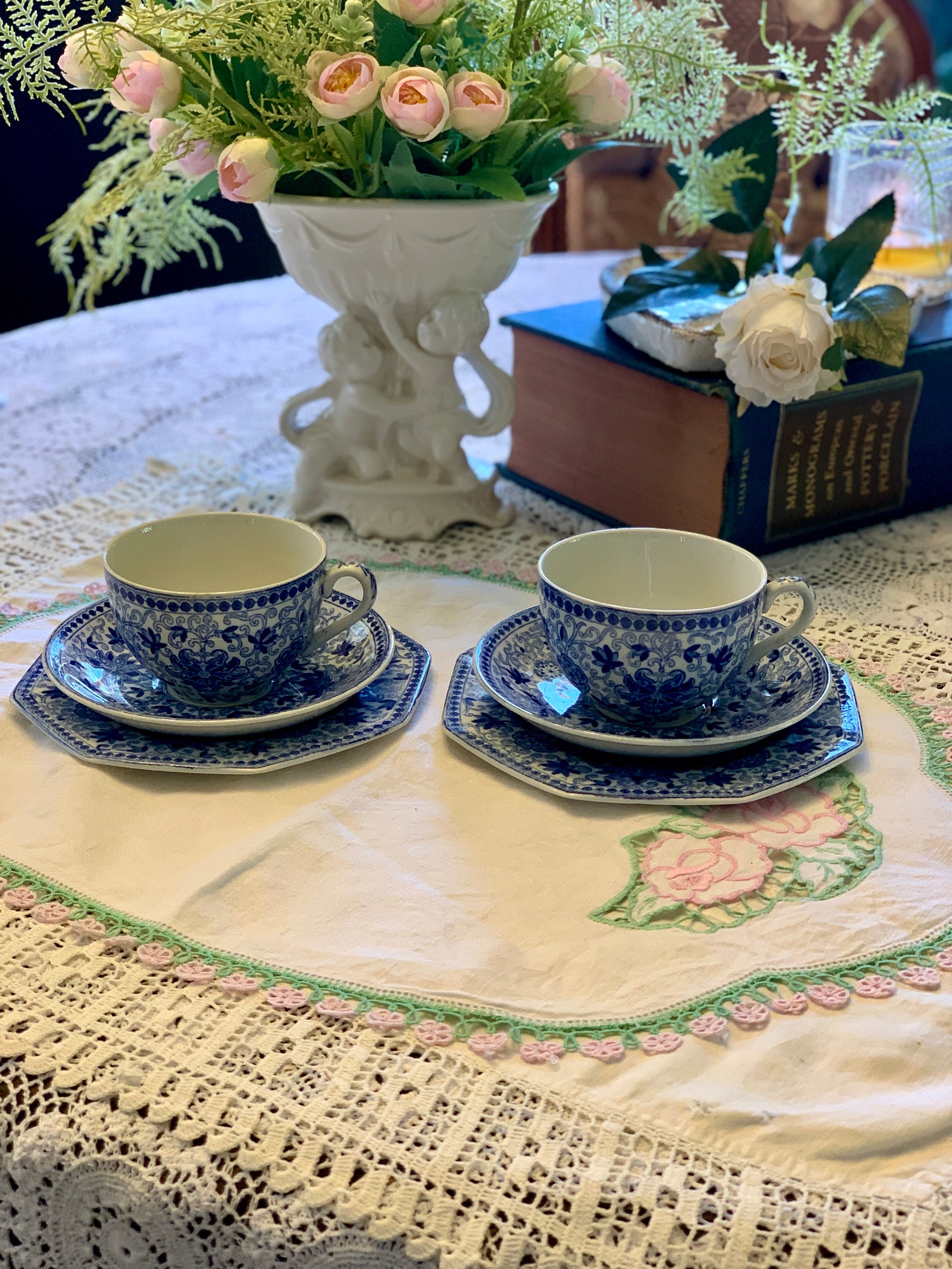 Antique Blue & White Cup Saucer Plate Sets 2 Trios of Old Etsy
