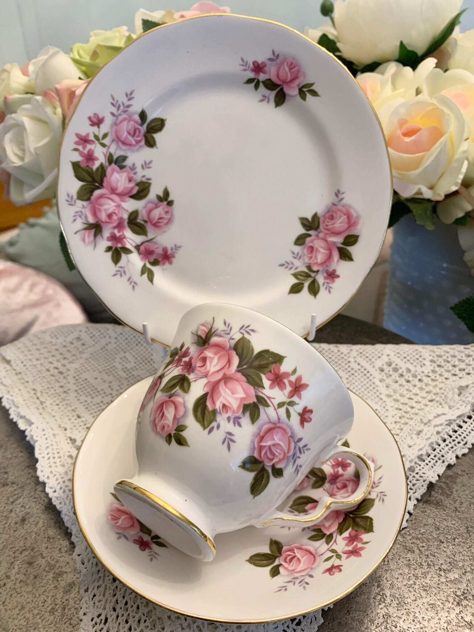 Queen Anne Pretty Pink Roses Trio Tea Set - Fine Bone China