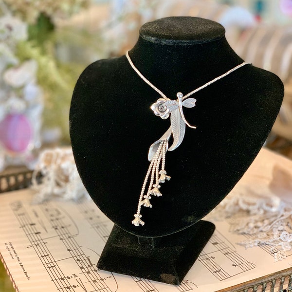 Vintage Navaho 958 Silber Kette - Drachenfliege - Blume - Trompetengruppe - Wunderschönes atemberaubendes Stück - Solide alte Silber Halskette