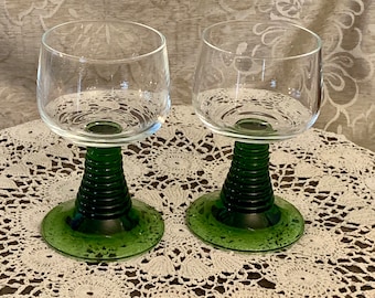 1970's Retro France Green Spiral Stemmed Alsace Glasses - Hock Glasses - Sold in Pairs - Selling in Pairs - Please Choose Amount