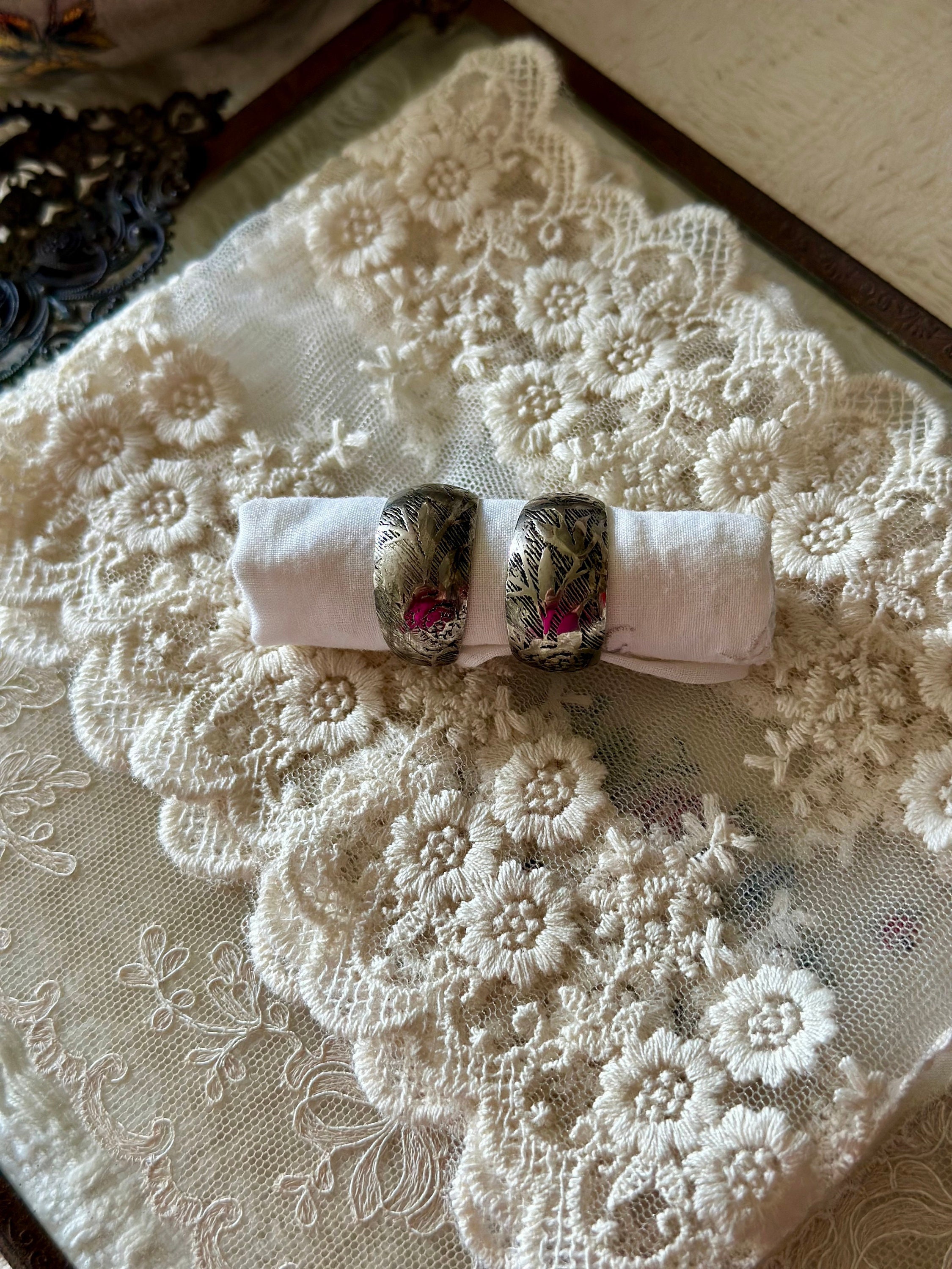 Stamped Rose Pattern Hoop Earrings - Silver Toned Half Hoop Earrings - Vintage 70's Retro Earrings Like NEW un-worn - Bo Ho Style Earrings