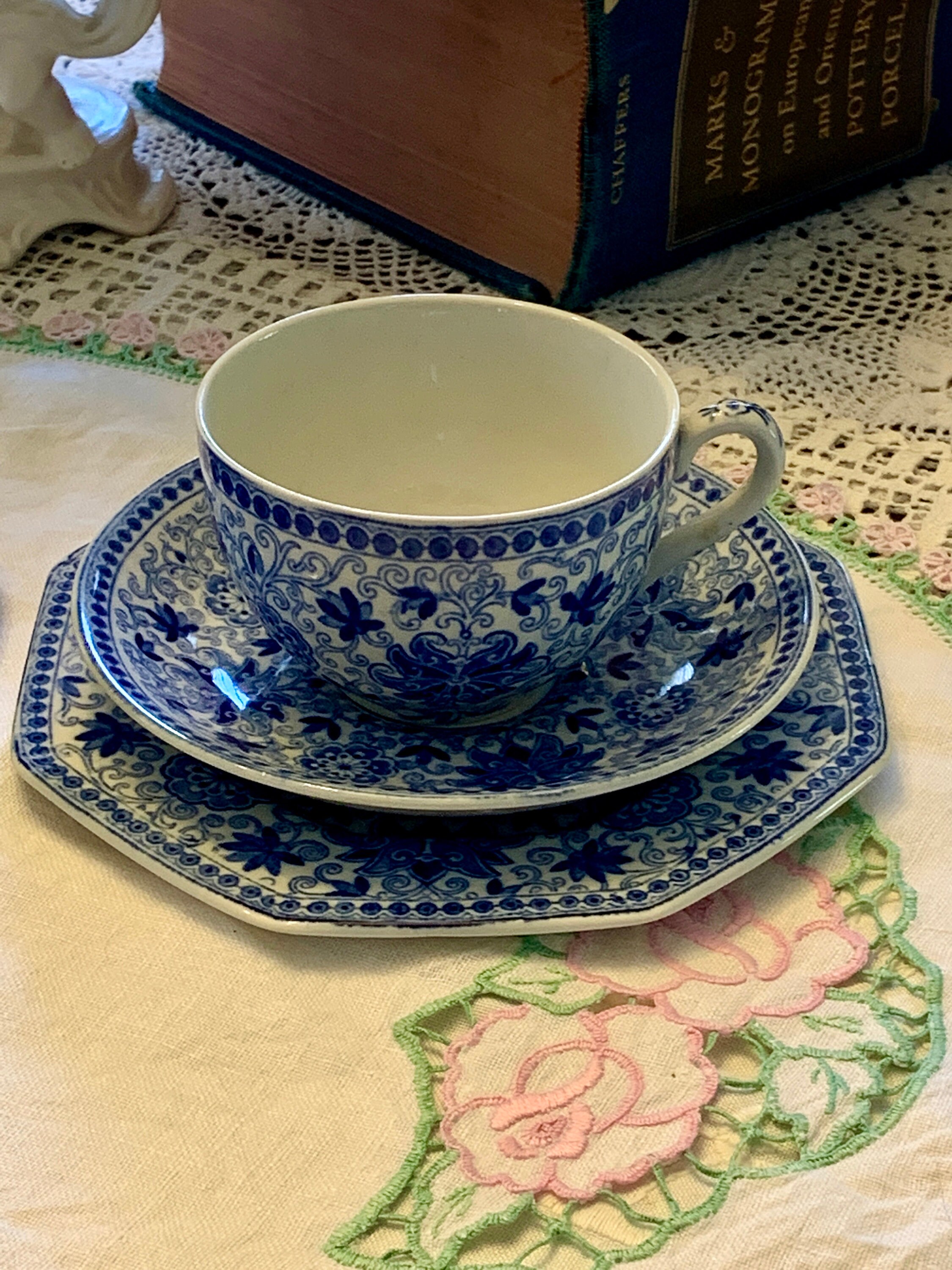 Antique Blue & White Cup Saucer Plate Sets 2 Trios of Old Etsy