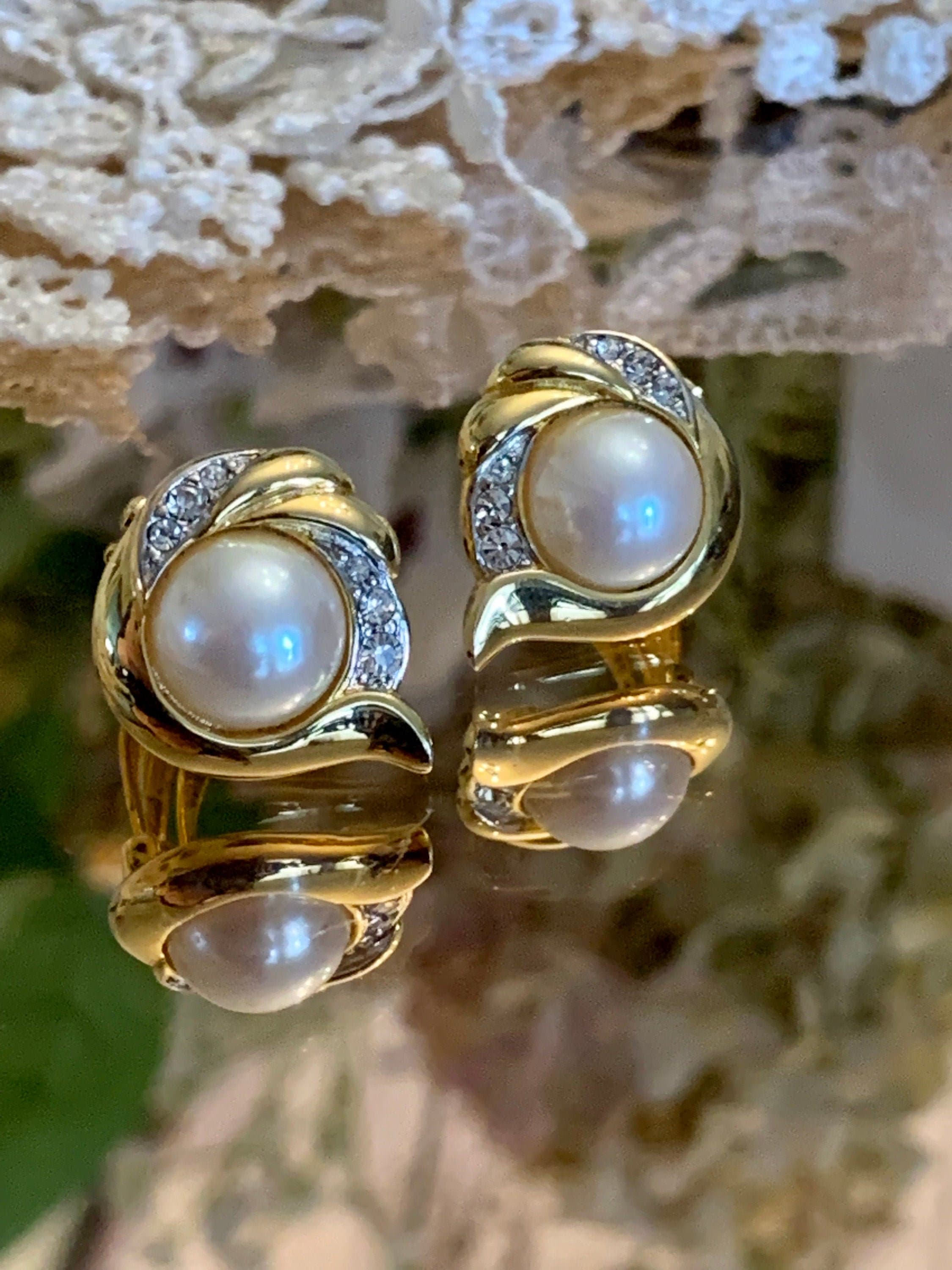 Oroton Pearl Diamanté Clip Earrings Designer Pearl and