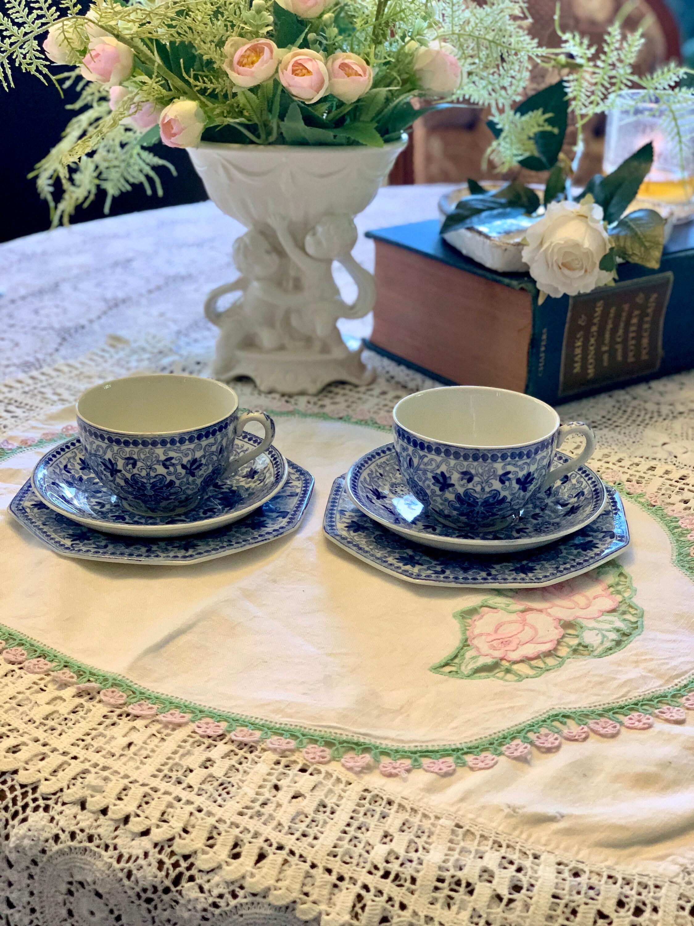 Antique Blue & White Cup Saucer Plate Sets 2 Trios of Old Etsy