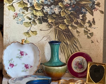 Bulk Lot of Vintage Collectables - Italian Vase -Gold toned Miniature frame-Gold Edged China Dish - Fragonard small Plate-French Symbol