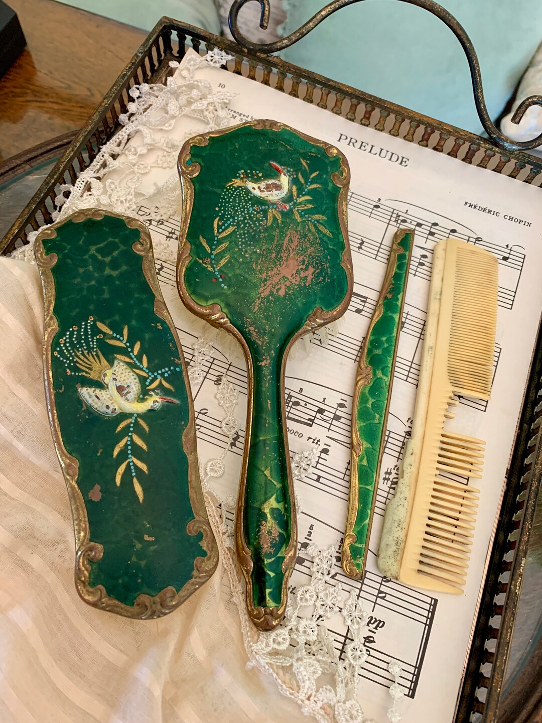 Antique Dressing Table Set Hair Brush Clothes Brush and Comb Set Dark