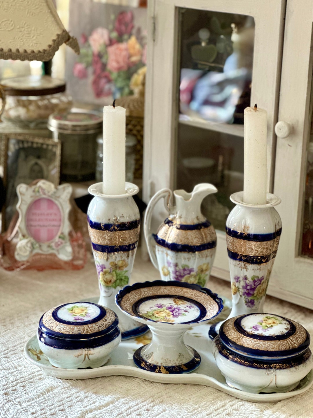 Antique Vanity Boudoir Set Porcelain Dressing Table Set With