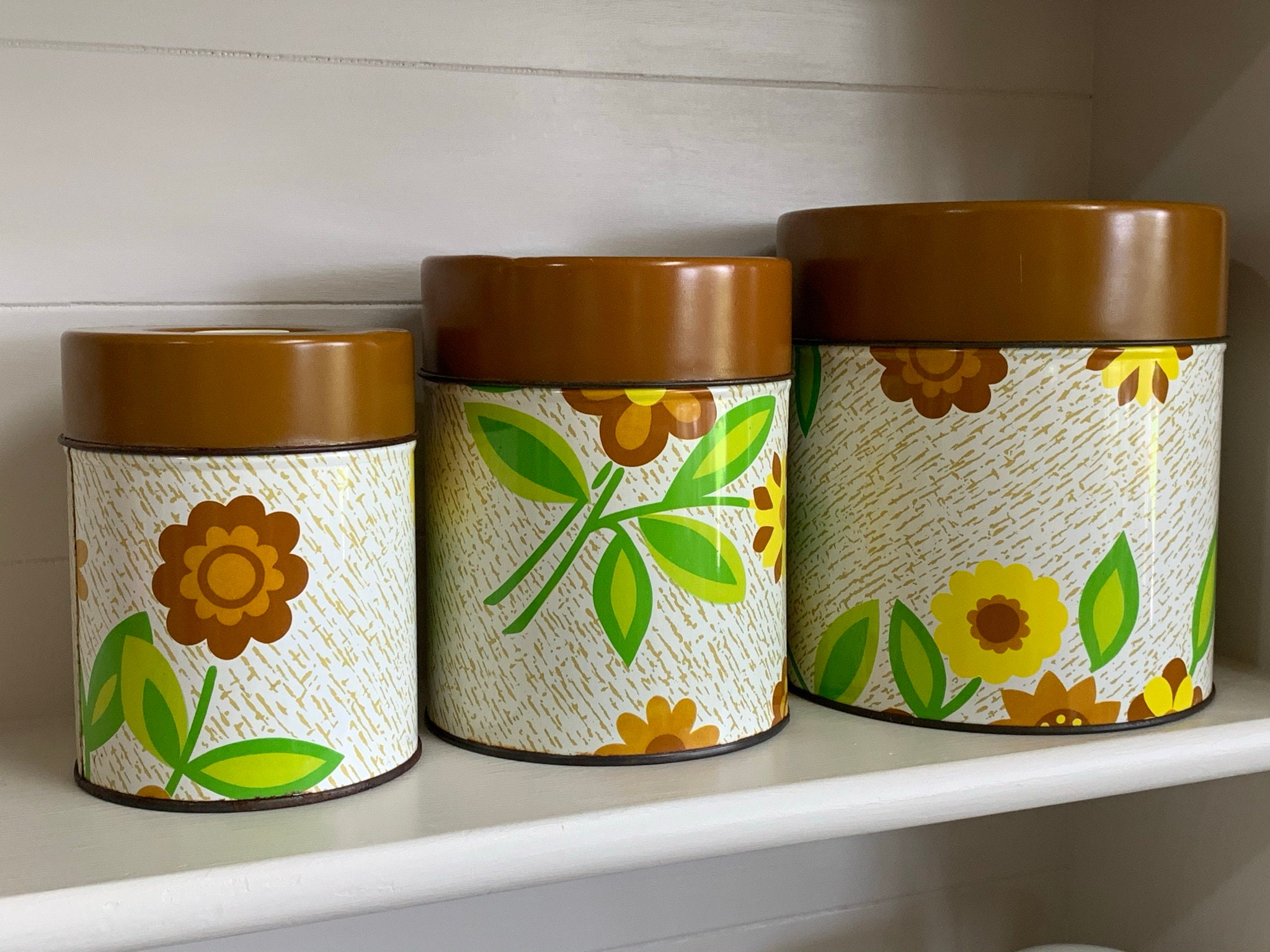 Retro 1970s Ceramic Canisters Vintage Brown Ivory Coffee Keeper & Salt Jar Mid Century Modern