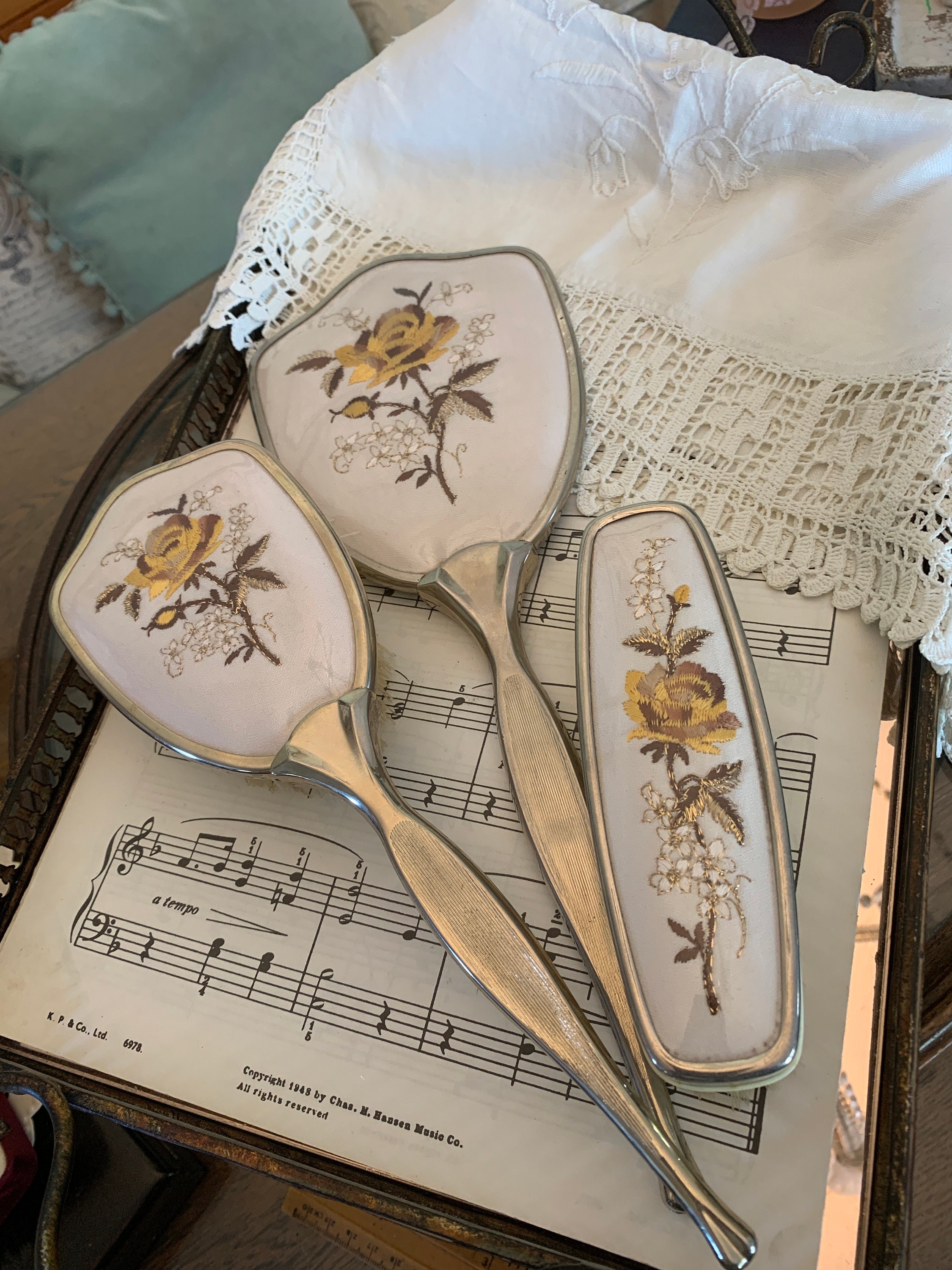 Vintage Dressing Table Set Hand Mirror Hair Brush Clothes Brush