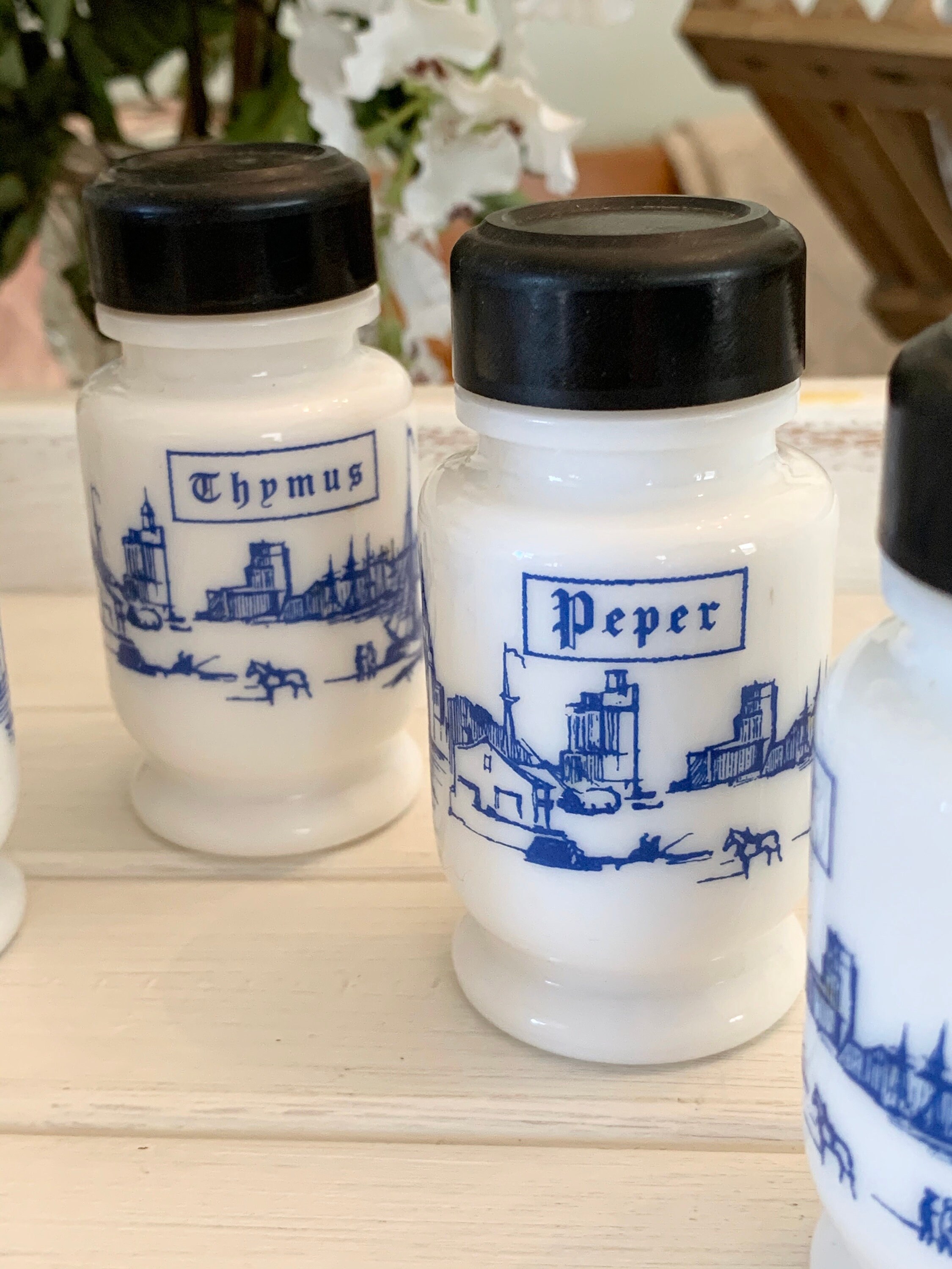 Set of 5 Vintage Milk Glass Spice Jars Blue and White Mid Etsy