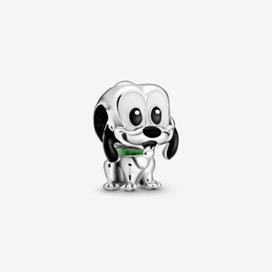May include: A silver charm featuring a cartoon depiction of a Dalmatian puppy with black spots, big eyes, and a green collar. The charm is designed to be used on a bracelet or necklace.