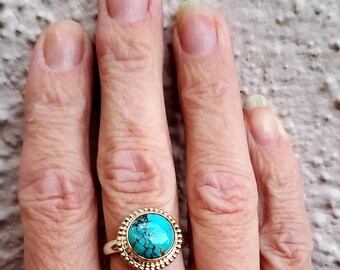 14k yellow gold and Morenci turquoise sterling silver statement ring, boho, mixed metal handmade, beaded detail