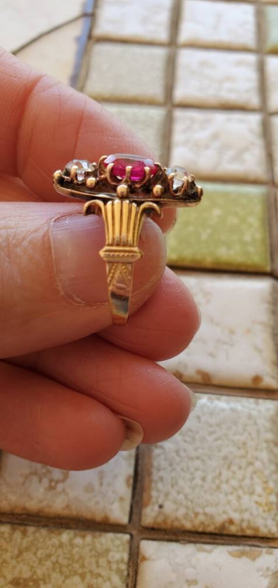 Lovely antique 10k gold ruby and white topaz ring - image 5