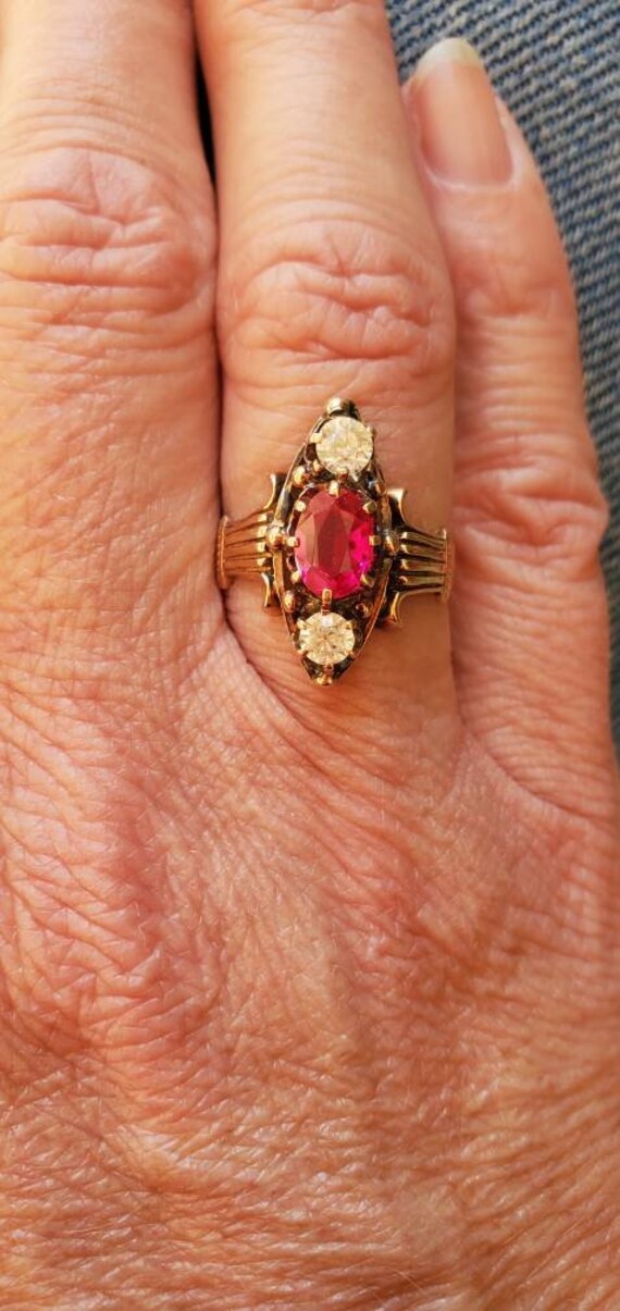 Lovely antique 10k gold ruby and white topaz ring - image 2