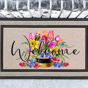 Spring Flowers Welcome Doormat, Rubber Backed Door Mat, 18x30 Indoor Outdoor Rug, Housewarming, Wedding Gift