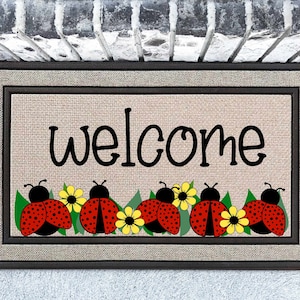 Ladybug Welcome Mat, Personalized 18x30 Rubber Backed Doormat, Indoor Outdoor, Housewarming Gift