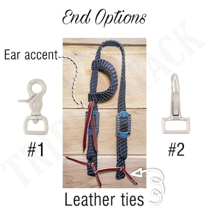 May include: Two options for the end of a black braided horse halter. Option #1 is a silver snap hook. Option #2 is a silver D-ring. The halter has leather ties and blue and silver conchos.
