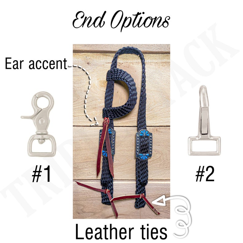 May include: Two options for the end of a black braided horse halter. Option #1 is a silver snap hook. Option #2 is a silver D-ring. The halter has leather ties and blue and silver conchos.
