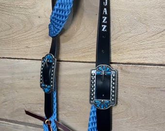 Custom Hand Braided Horse Headstalls with Name Tooling on Black Leather