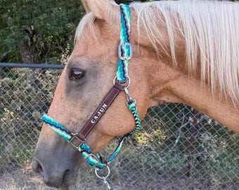 Custom Hand Braided Horse Halters with Name Tooling
