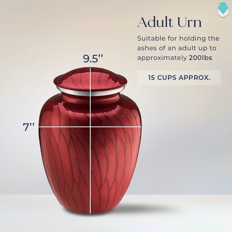 May include: Red metal urn with a swirling pattern, measuring 9.5 inches tall and 7 inches wide.  Suitable for holding the ashes of an adult up to approximately 200 lbs.  15 cups approx.