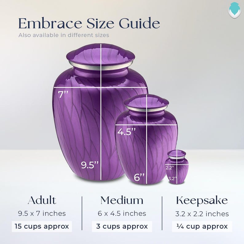 May include: Three purple cremation urns in different sizes. The largest urn is 9.5 inches wide and 7 inches tall. The medium urn is 6 inches wide and 4.5 inches tall. The smallest urn is 3.2 inches wide and 2.2 inches tall. The urns are labeled "Adult", "Medium", and "Keepsake".
