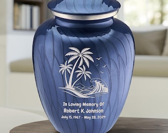 May include: A blue cremation urn with a silver rim and lid. The urn features a white graphic of palm trees, waves, and birds. Text reads "In Loving Memory Of Robert K. Johnson July 15, 1967 - May 28, 2024."