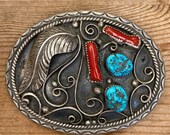 Vintage Native American Sterling Silver, Turquoise Coral 1180